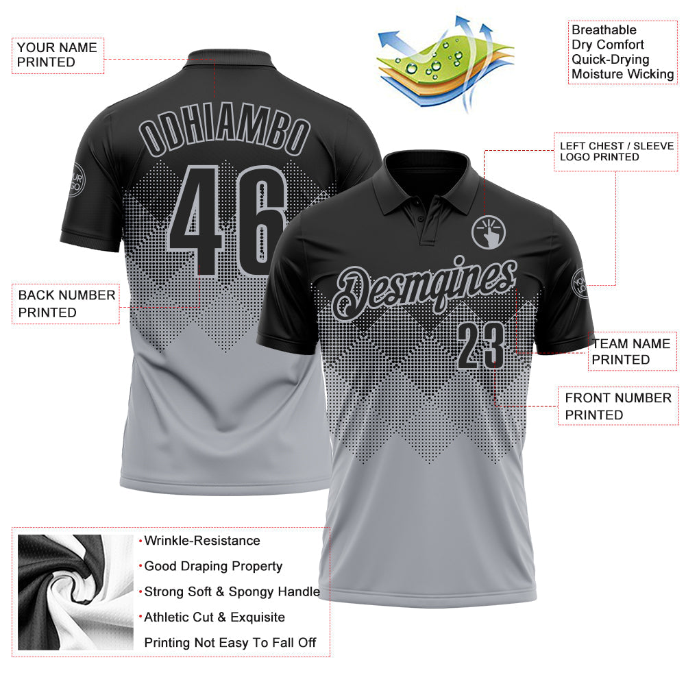 Custom Black Gray 3D Gradient Square Shape Performance Polo Shirt