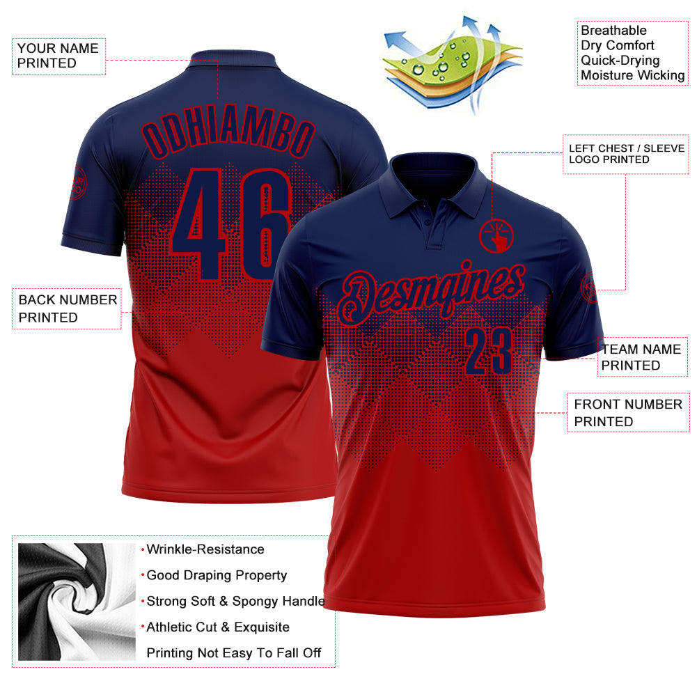 Custom Navy Red 3D Gradient Square Shape Performance Polo Shirt