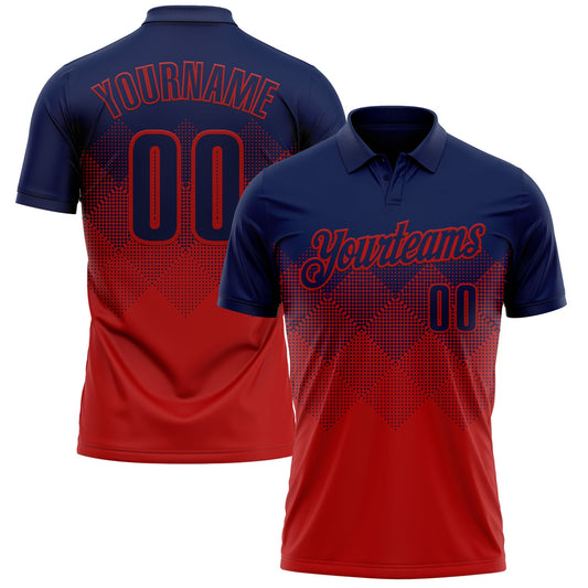 Custom Navy Red 3D Gradient Square Shape Performance Polo Shirt