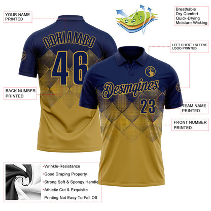 Custom Navy Old Gold 3D Gradient Square Shape Performance Polo Shirt