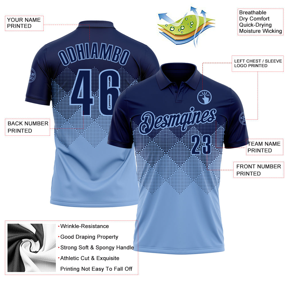 Custom Navy Light Blue 3D Gradient Square Shape Performance Polo Shirt