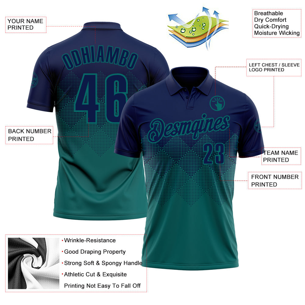 Custom Navy Teal 3D Gradient Square Shape Performance Polo Shirt