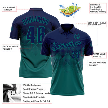 Custom Navy Teal 3D Gradient Square Shape Performance Polo Shirt