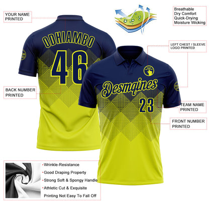 Custom Navy Neon Yellow 3D Gradient Square Shape Performance Polo Shirt