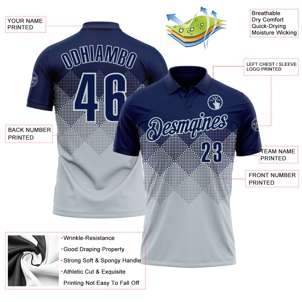 Custom Navy Silver 3D Gradient Square Shape Performance Polo Shirt