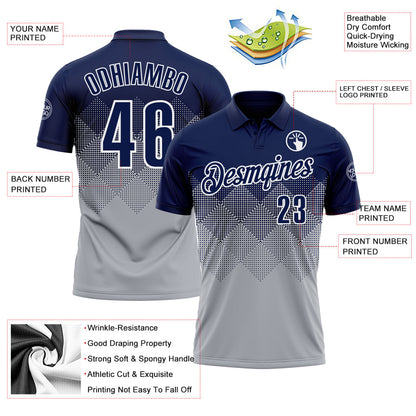 Custom Navy Gray-White 3D Gradient Square Shape Performance Polo Shirt