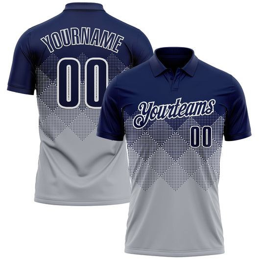 Custom Navy Gray-White 3D Gradient Square Shape Performance Polo Shirt