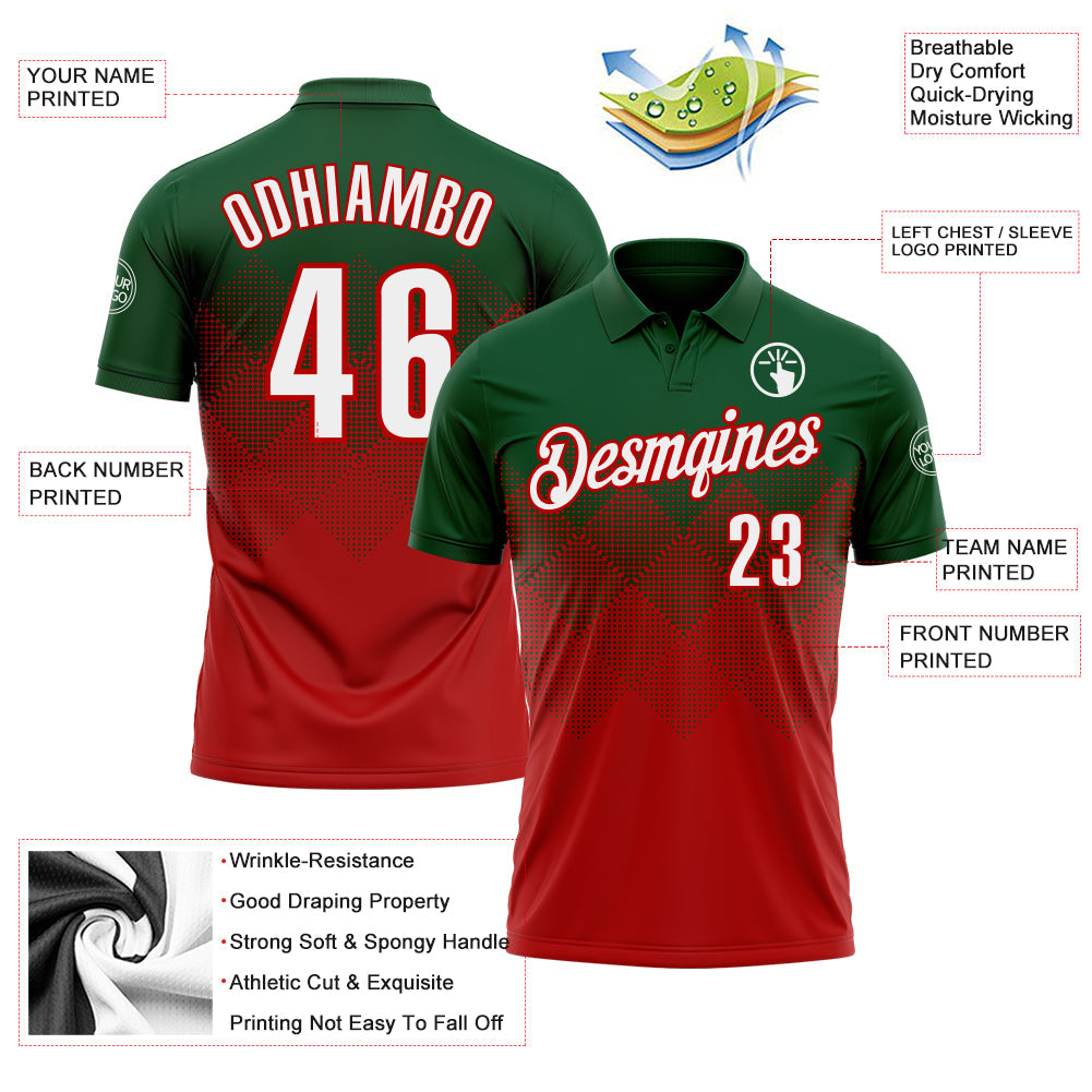 Custom Green White-Red 3D Gradient Square Shape Performance Polo Shirt