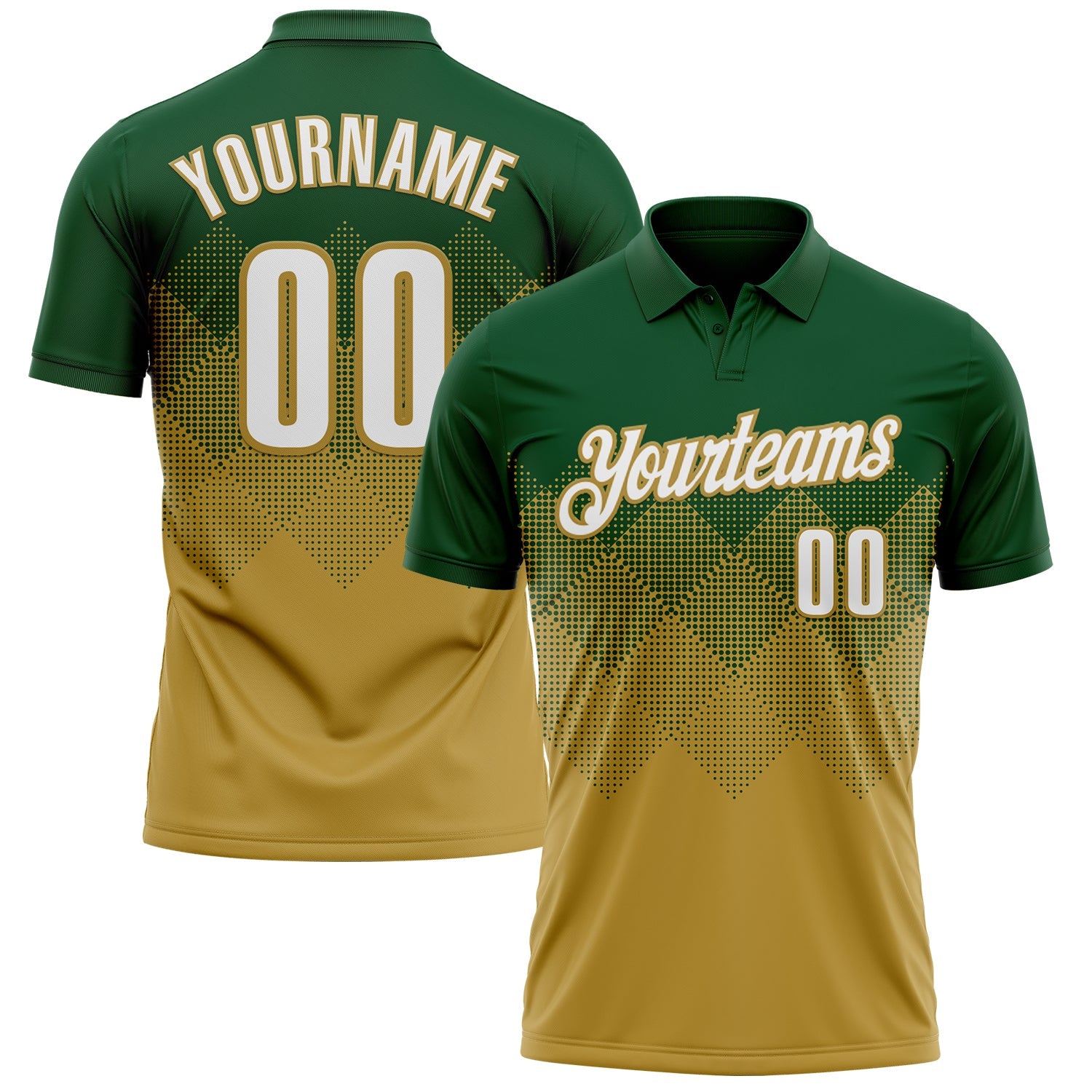 Custom Green White-Old Gold 3D Gradient Square Shape Performance Polo Shirt