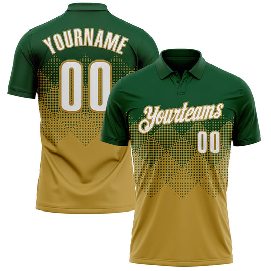 Custom Green White-Old Gold 3D Gradient Square Shape Performance Polo Shirt
