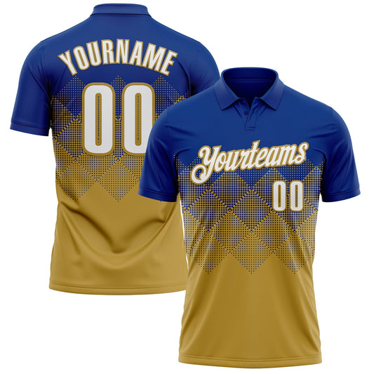 Custom Royal White-Old Gold 3D Gradient Square Shape Performance Polo Shirt