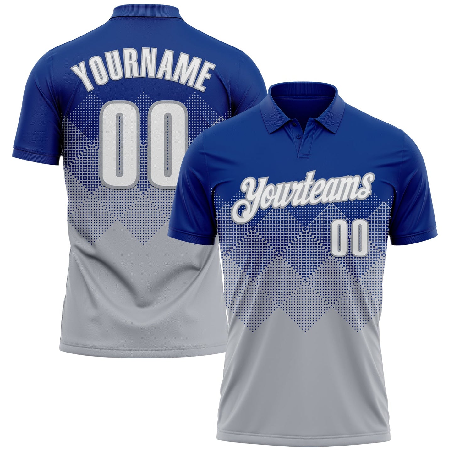 Custom Royal White-Gray 3D Gradient Square Shape Performance Polo Shirt