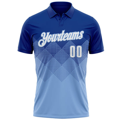 Custom Royal White-Light Blue 3D Gradient Square Shape Performance Polo Shirt