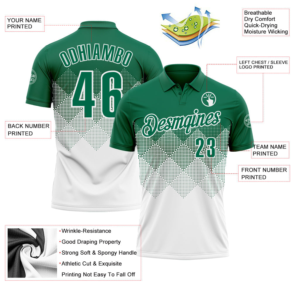 Custom Kelly Green White 3D Gradient Square Shape Performance Polo Shirt