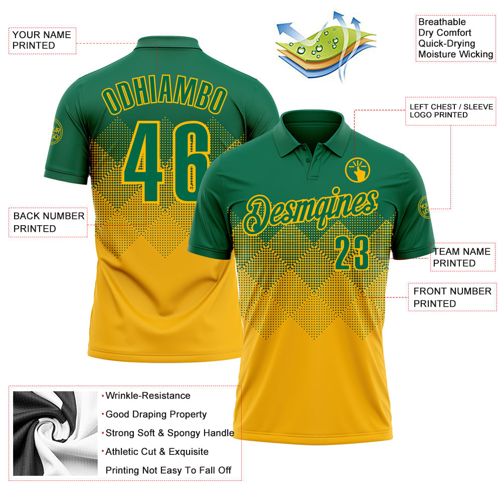 Custom Kelly Green Gold 3D Gradient Square Shape Performance Polo Shirt