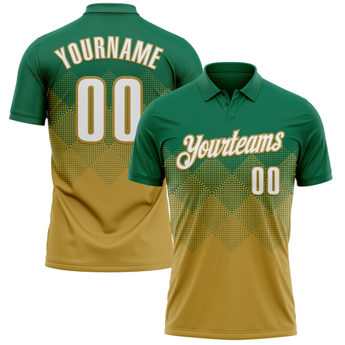 Custom Kelly Green White-Old Gold 3D Gradient Square Shape Performance Polo Shirt