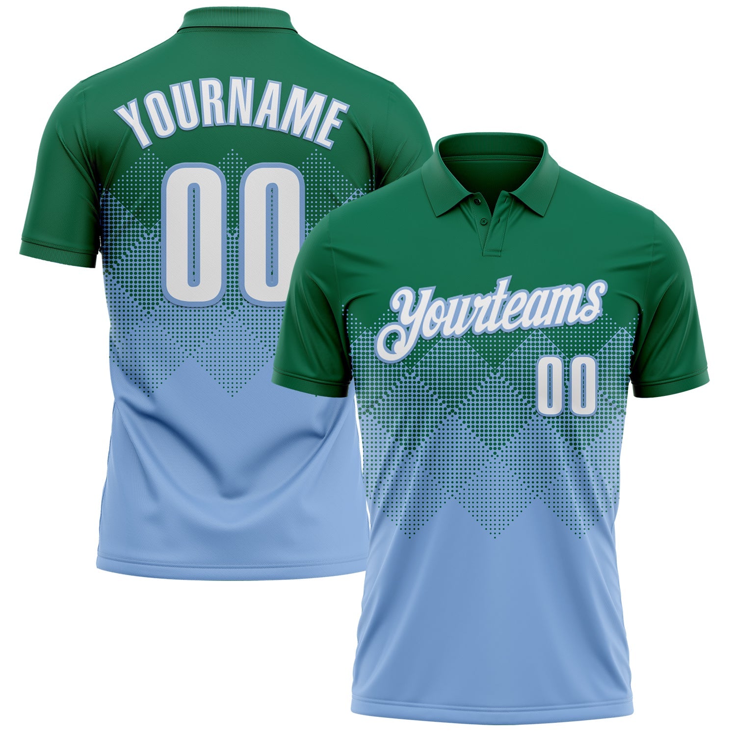 Custom Kelly Green White-Light Blue 3D Gradient Square Shape Performance Polo Shirt