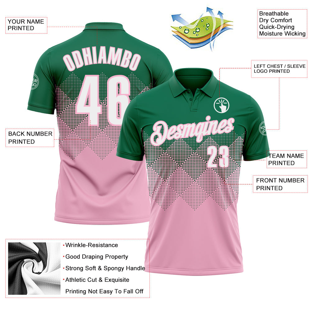 Custom Kelly Green White-Light Pink 3D Gradient Square Shape Performance Polo Shirt