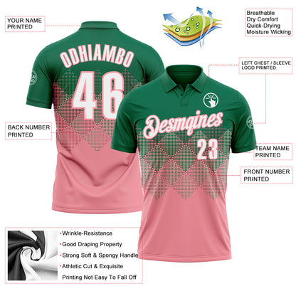 Custom Kelly Green White-Medium Pink 3D Gradient Square Shape Performance Polo Shirt