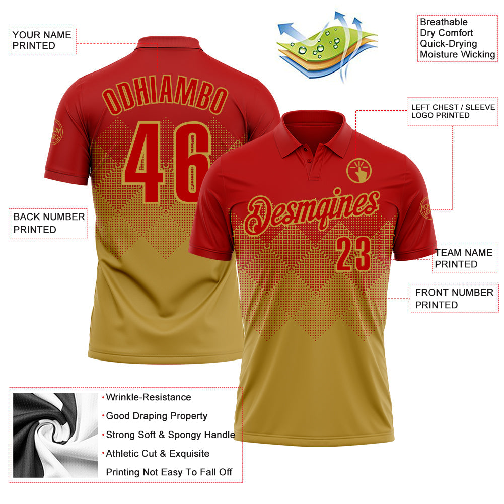Custom Red Old Gold 3D Gradient Square Shape Performance Polo Shirt