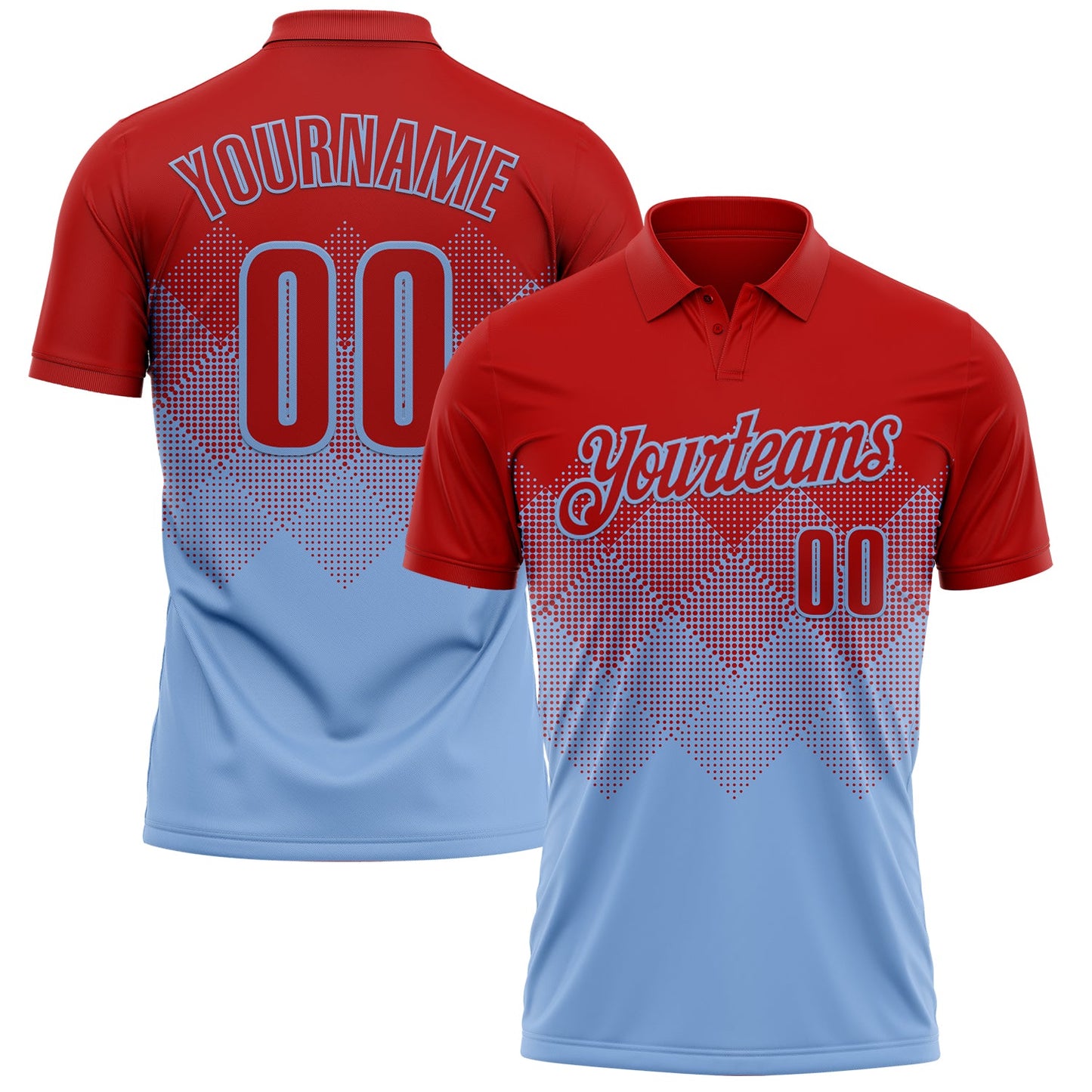 Custom Red Light Blue 3D Gradient Square Shape Performance Polo Shirt