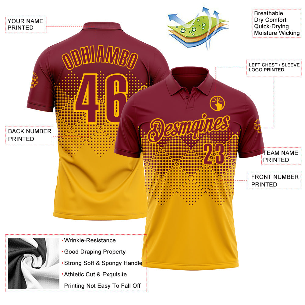 Custom Crimson Gold 3D Gradient Square Shape Performance Polo Shirt