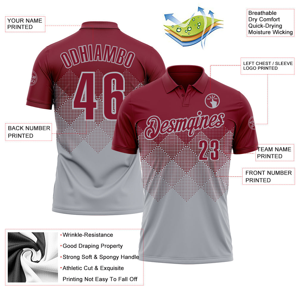 Custom Crimson Gray 3D Gradient Square Shape Performance Polo Shirt