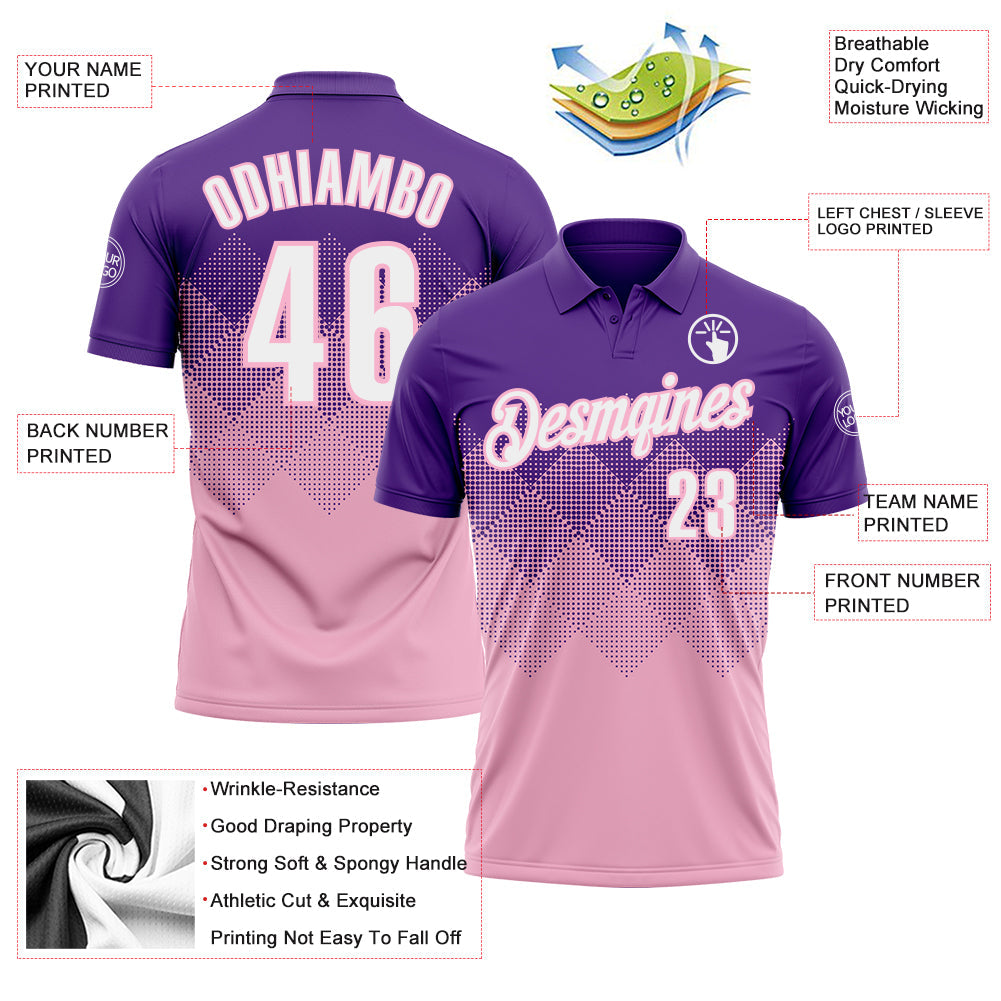Custom Purple White-Light Pink 3D Gradient Square Shape Performance Polo Shirt