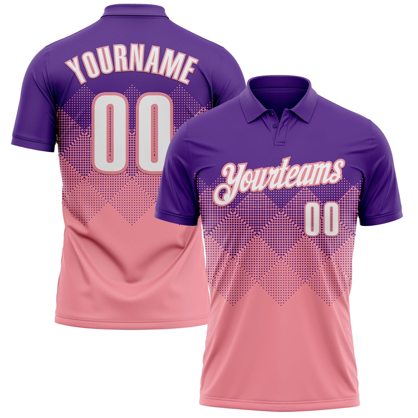 Custom Purple White-Medium Pink 3D Gradient Square Shape Performance Polo Shirt