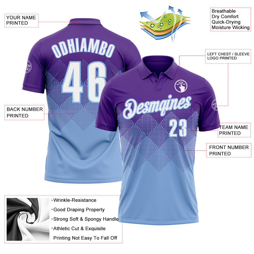 Custom Purple White-Light Blue 3D Gradient Square Shape Performance Polo Shirt