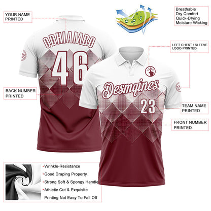 Custom White Burgundy 3D Gradient Square Shape Performance Polo Shirt