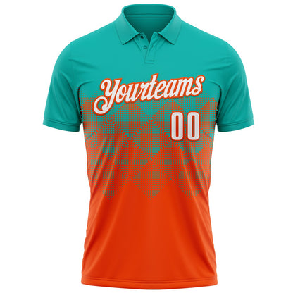 Custom Aqua White-Orange 3D Gradient Square Shape Performance Polo Shirt