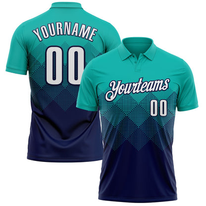 Custom Aqua White-Navy 3D Gradient Square Shape Performance Polo Shirt