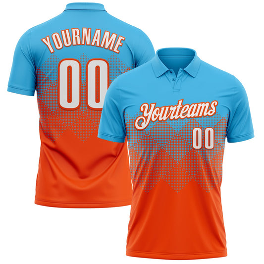 Custom Sky Blue White-Orange 3D Gradient Square Shape Performance Polo Shirt