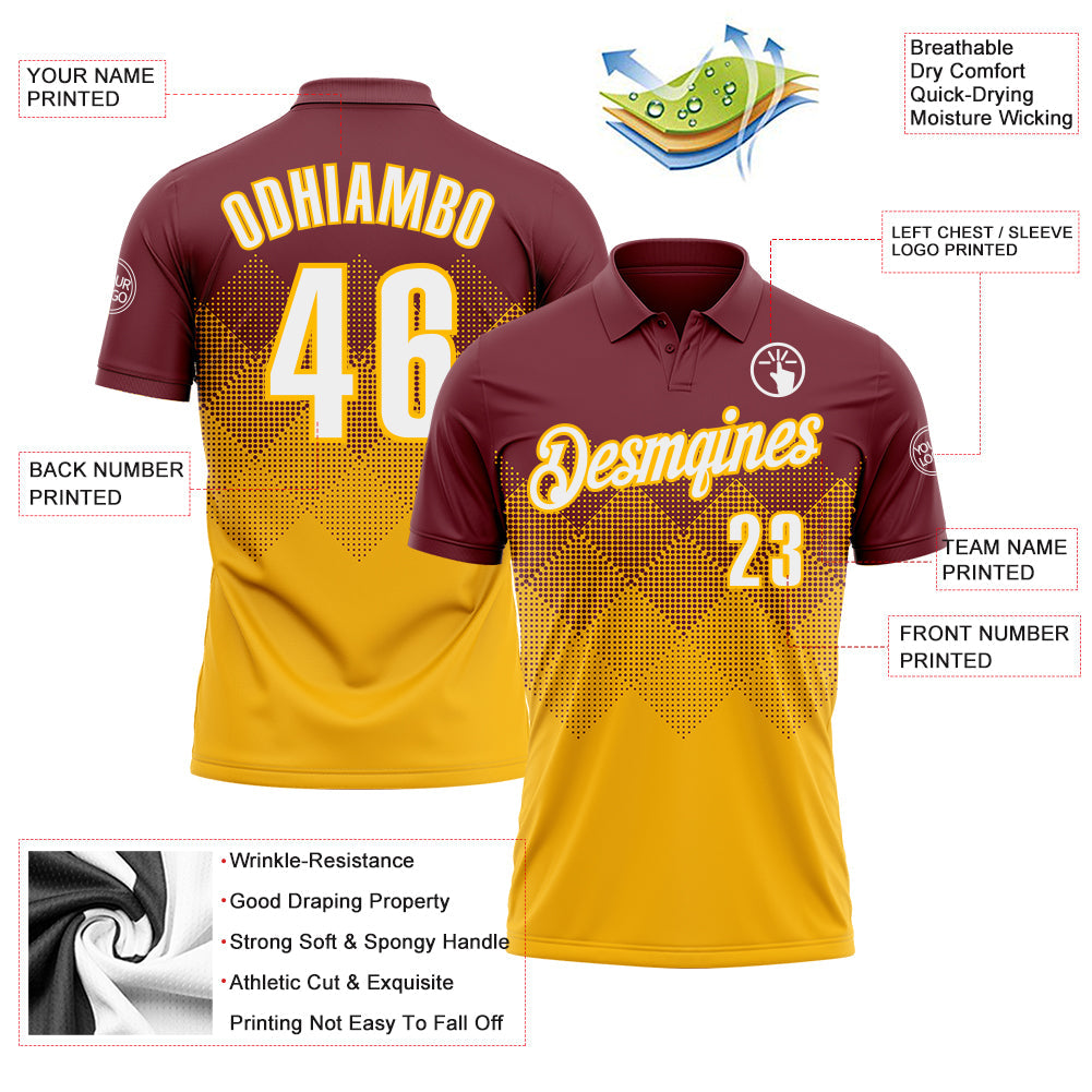 Custom Burgundy White-Gold 3D Gradient Square Shape Performance Polo Shirt