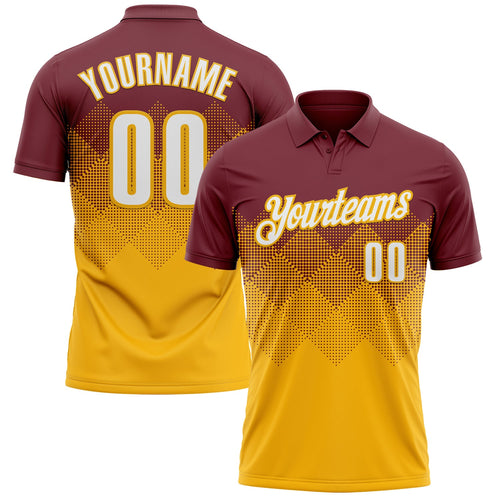 Custom Burgundy White-Gold 3D Gradient Square Shape Performance Polo Shirt