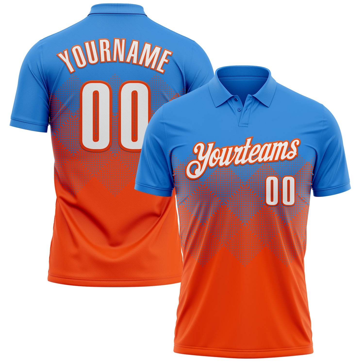 Custom Powder Blue White-Orange 3D Gradient Square Shape Performance Polo Shirt