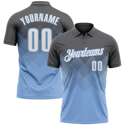Custom Steel Gray White-Light Blue 3D Gradient Square Shape Performance Polo Shirt