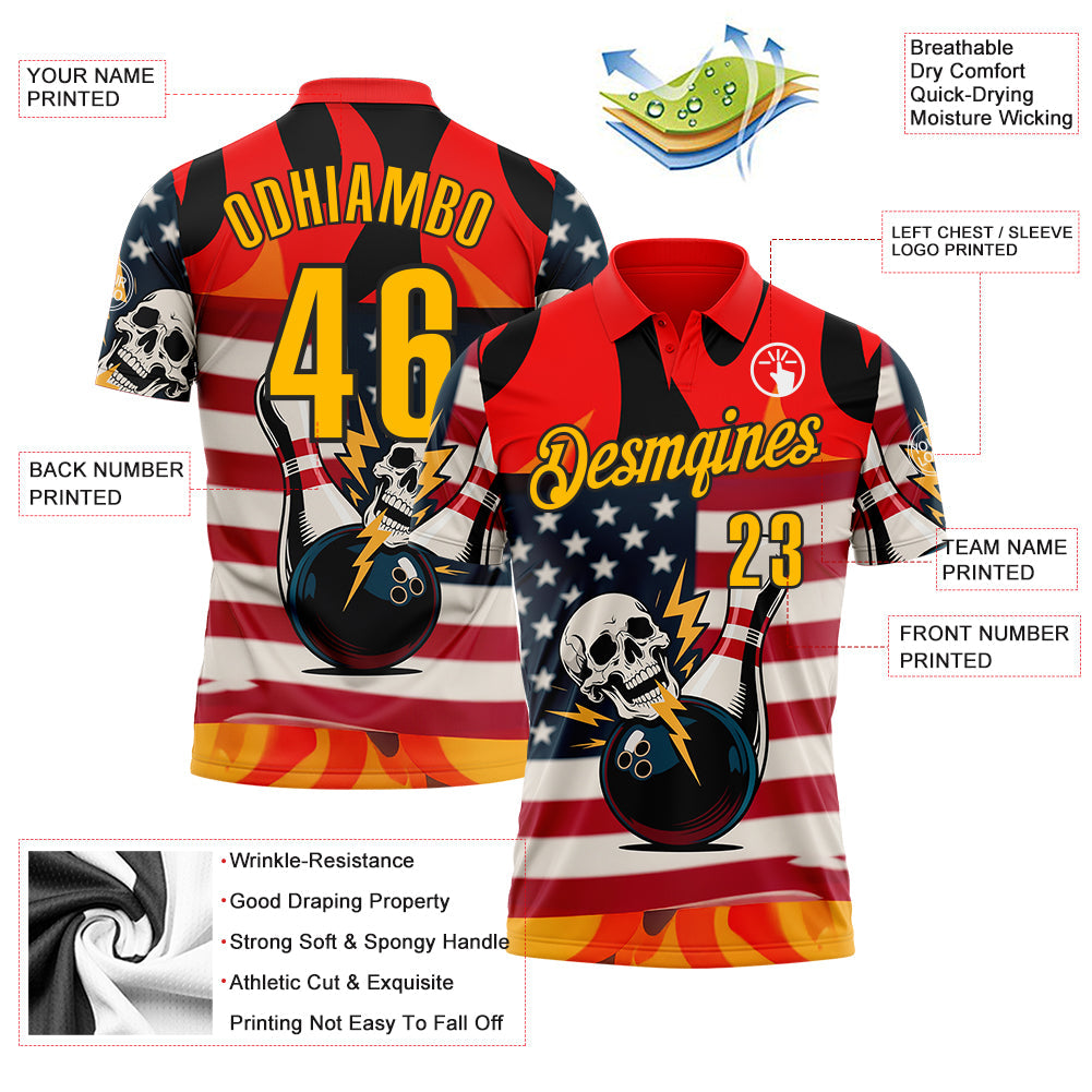 Custom Red Gold-Black 3D American Flag Skull Bowling Performance Polo Shirt