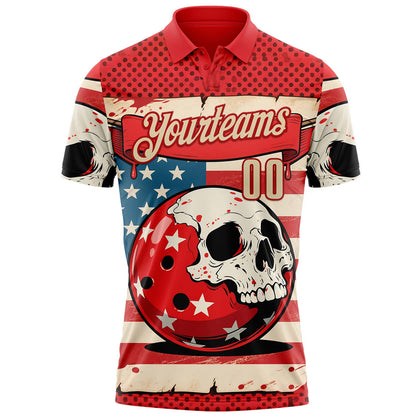 Custom Red Cream 3D Retro American Flag Skull Bowling Performance Polo Shirt