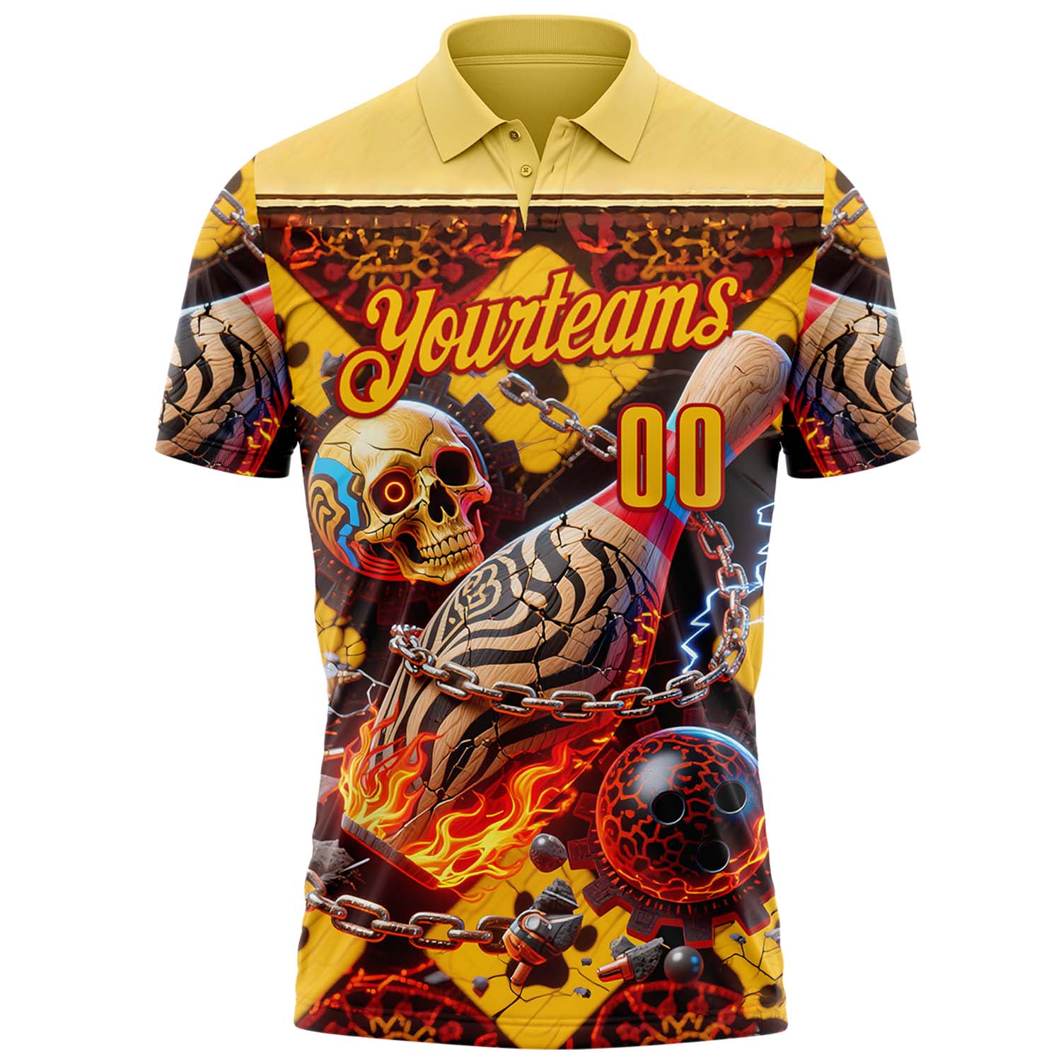 Custom Gold Yellow-Red 3D Flame Skull Bowling Performance Polo Shirt