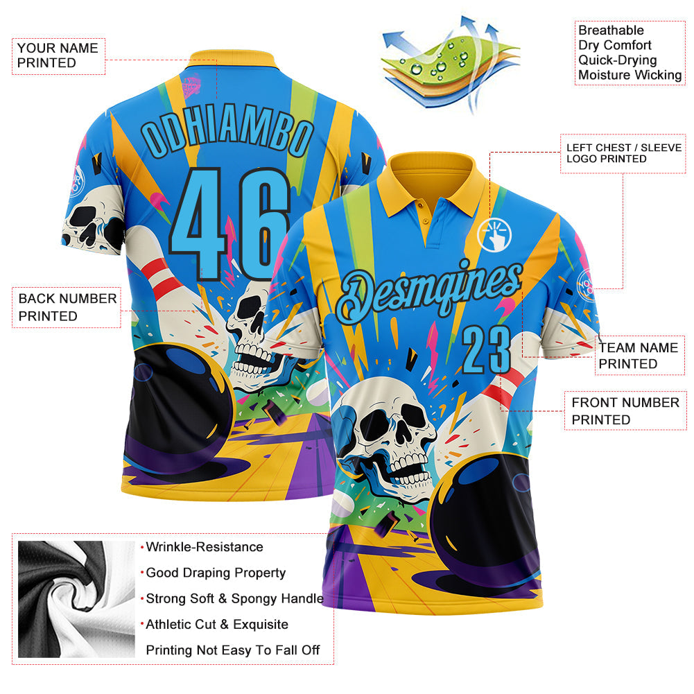 Custom Gold Sky Blue-Black 3D Splash Skull Bowling Performance Polo Shirt