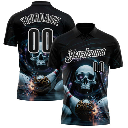 Custom Black White 3D Galaxy Leopard Print Skull Bowling Performance Polo Shirt