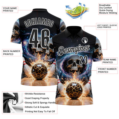 Custom Black White 3D Galaxy Splash Leopard Print Skull Bowling Performance Polo Shirt