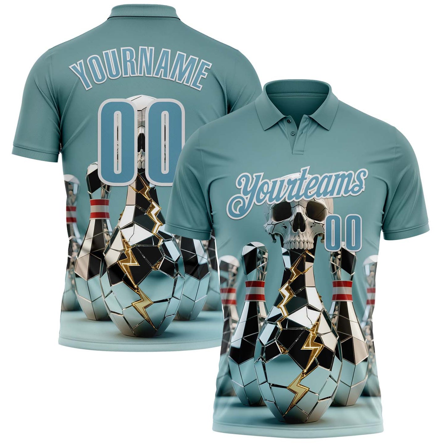 Custom Shadow Blue White 3D Shattered Mirror Skull Bowling Performance Polo Shirt