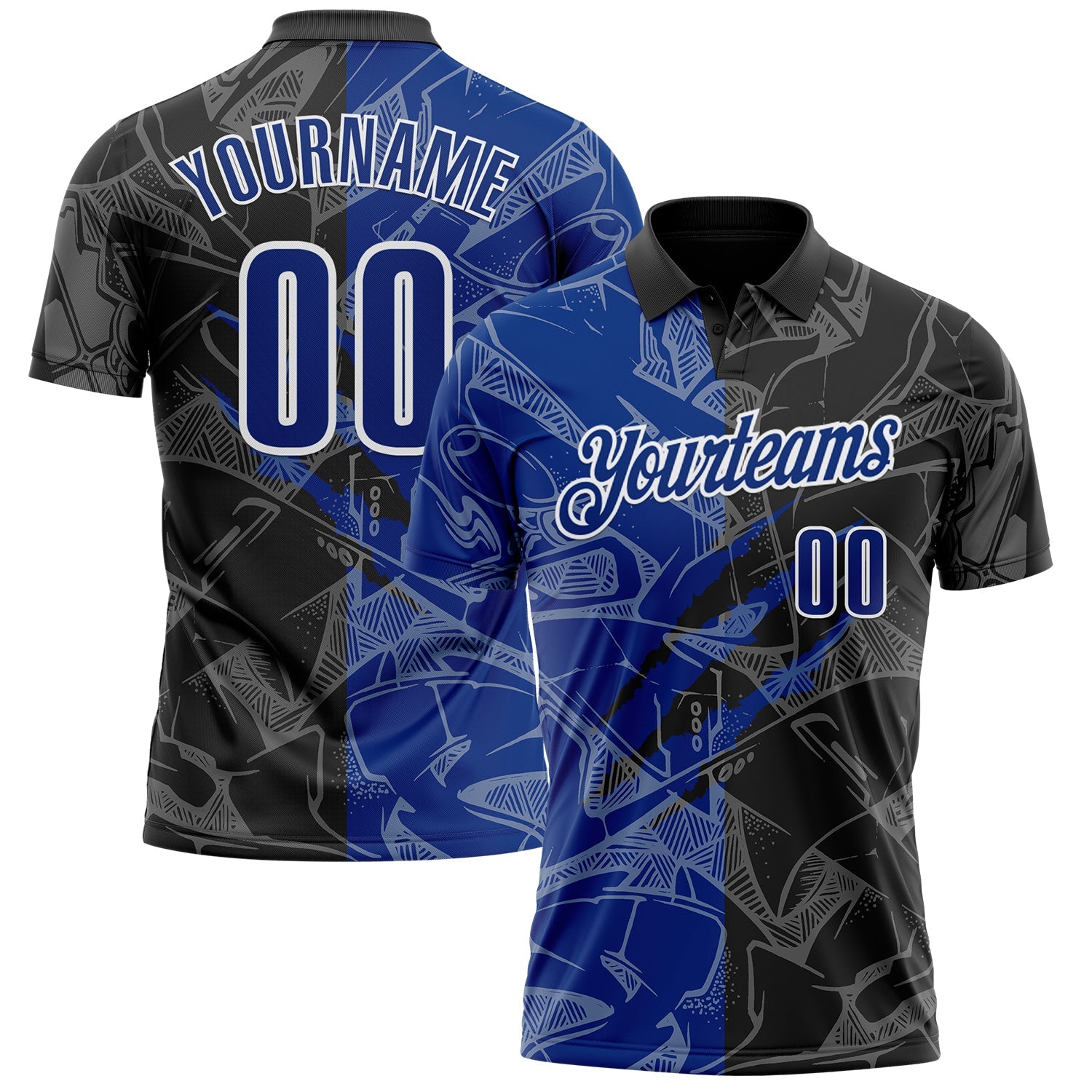 Custom Graffiti Pattern Royal Black-White 3D Scratch Performance Polo Shirt