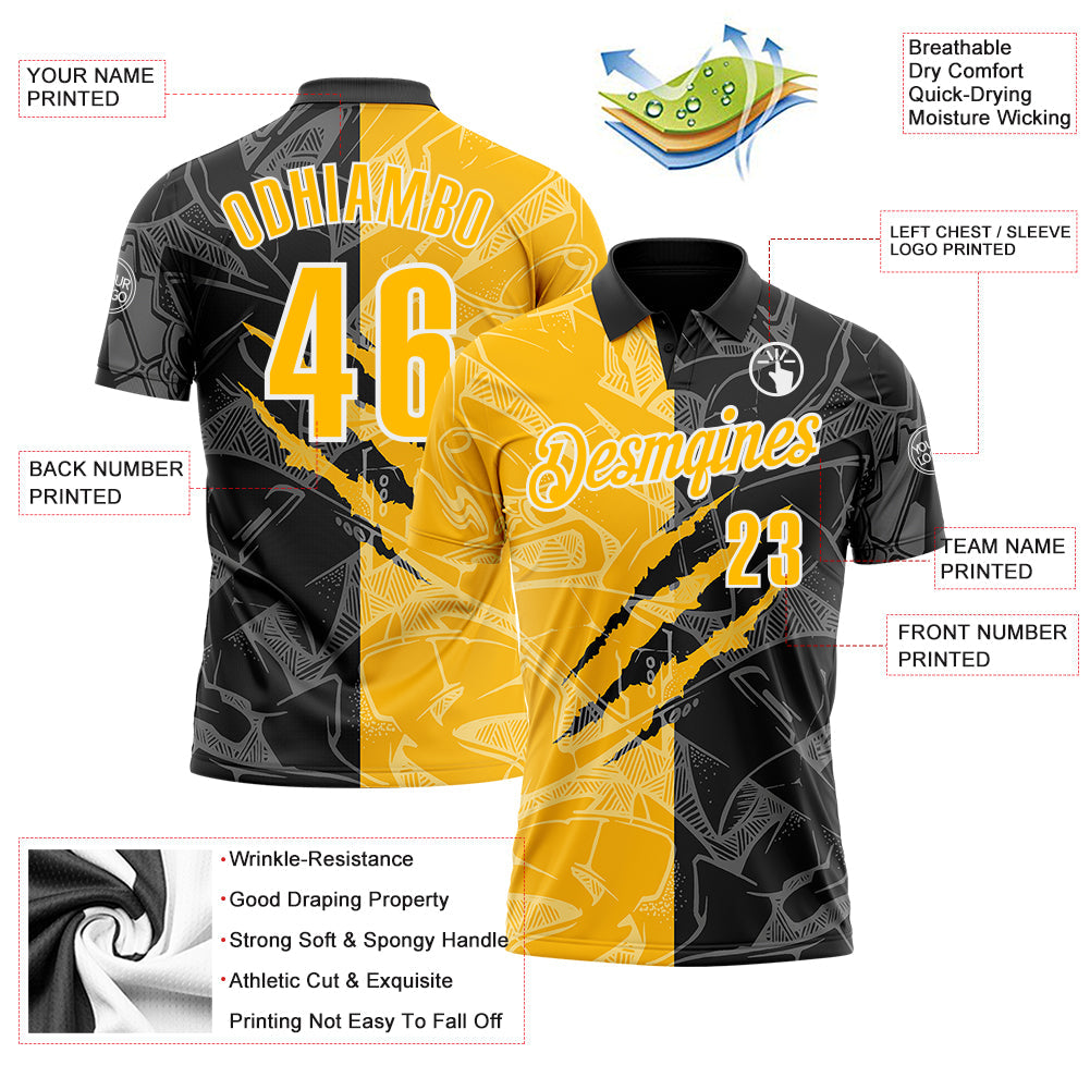 Custom Graffiti Pattern Gold Black-White 3D Scratch Performance Polo Shirt