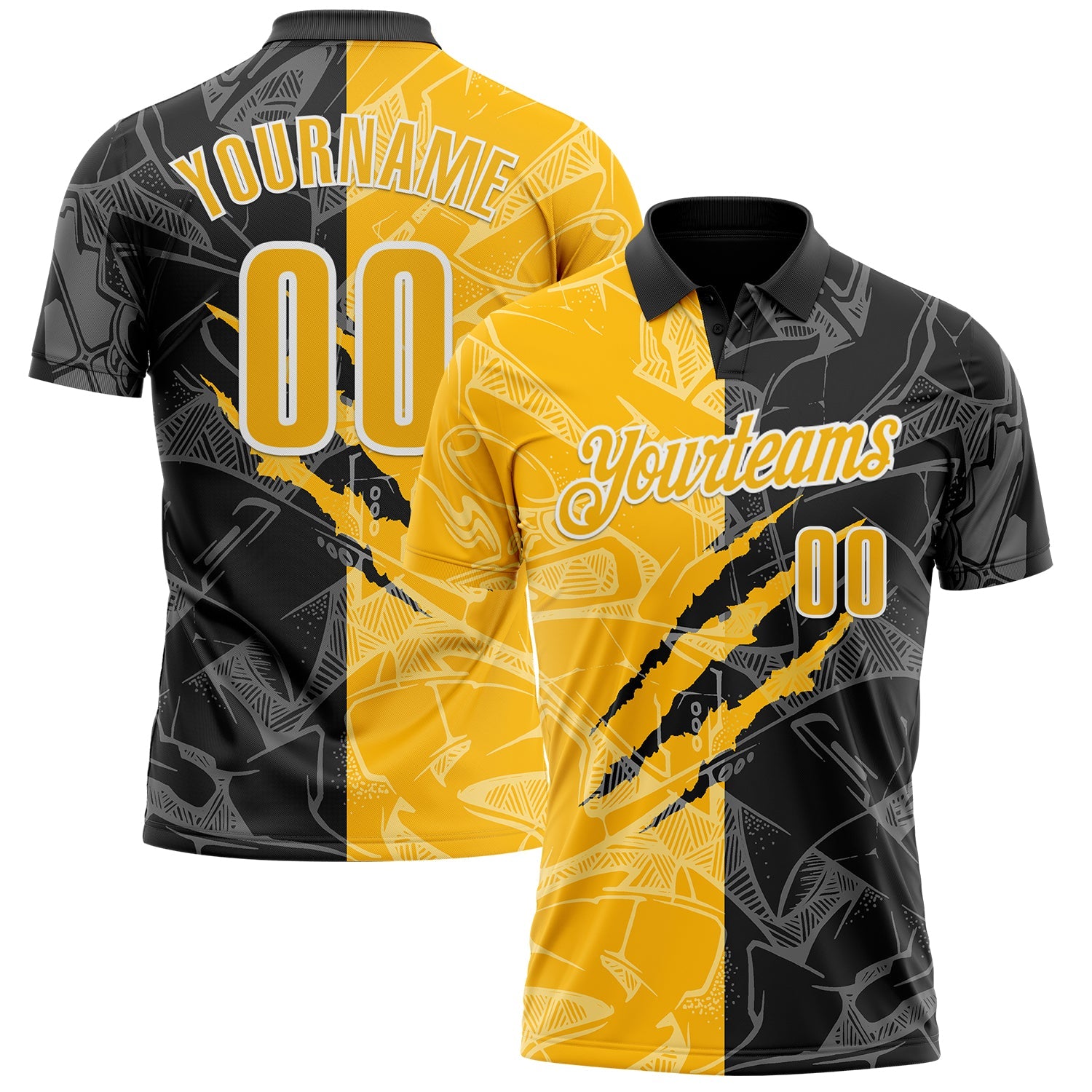 Custom Graffiti Pattern Gold Black-White 3D Scratch Performance Polo Shirt