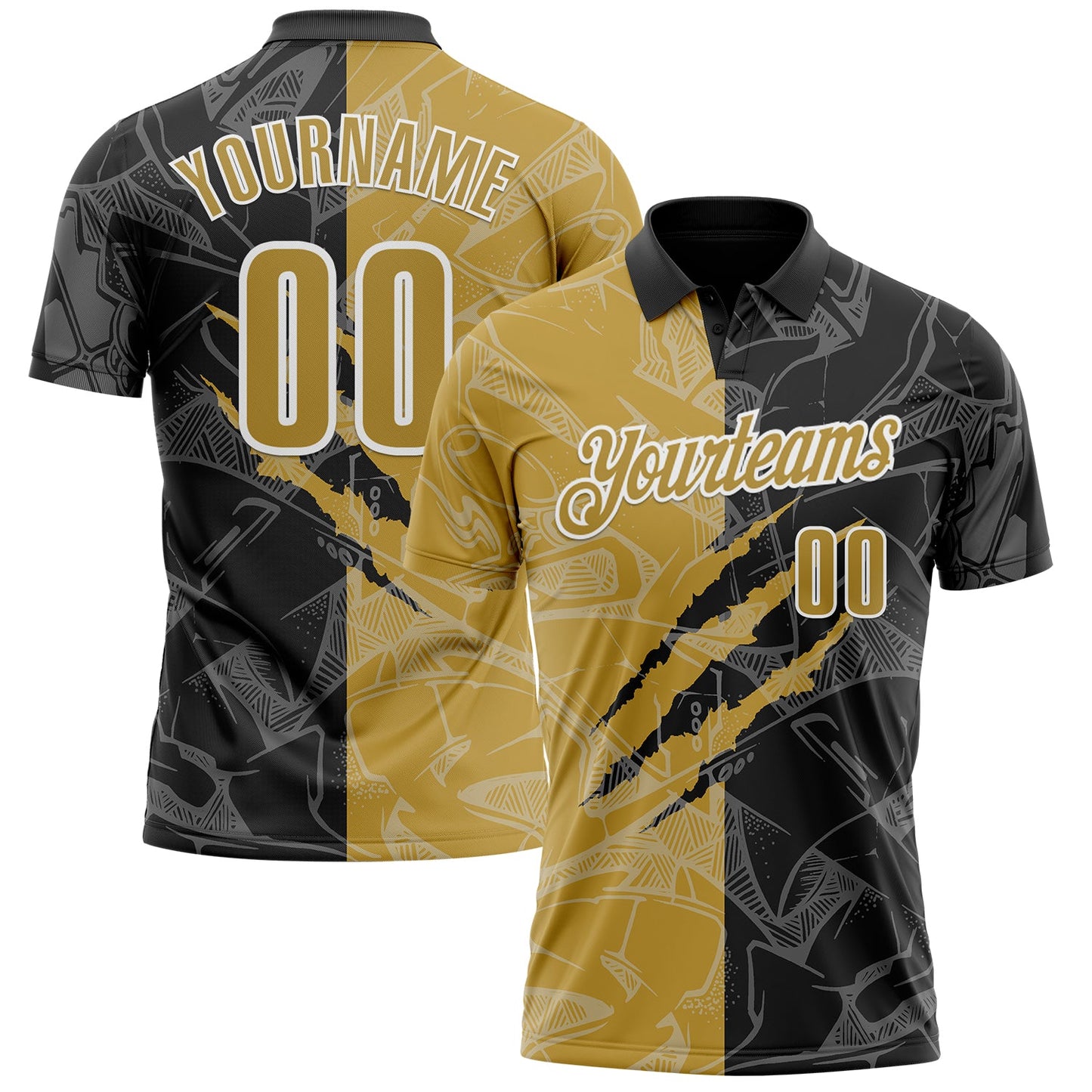 Custom Graffiti Pattern Old Gold Black-White 3D Scratch Performance Polo Shirt