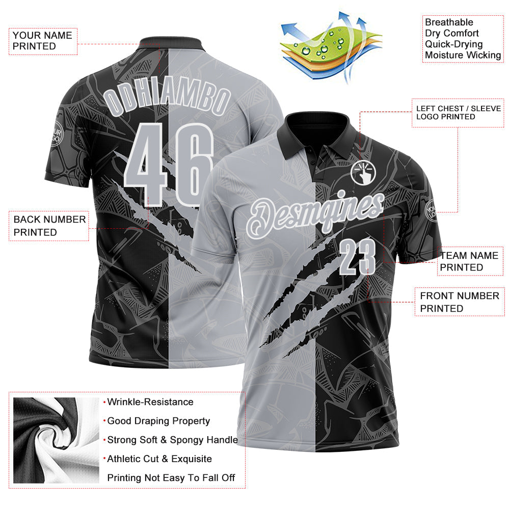 Custom Graffiti Pattern Gray Black-White 3D Scratch Performance Polo Shirt